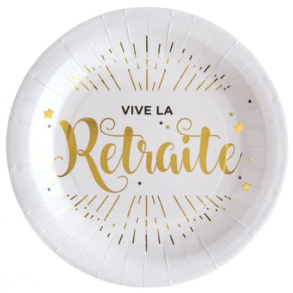 10 Assiettes en Carton D22.5cm - Vive la Retraite Blanc