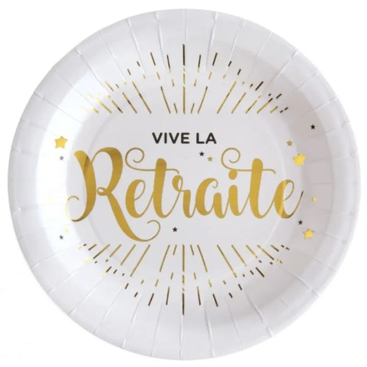 10 Assiettes en Carton D22.5cm - Vive la Retraite Blanc