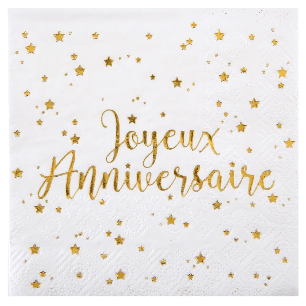20 Serviettes en Papier 25cm - Joyeux Anniversaire Métal Or