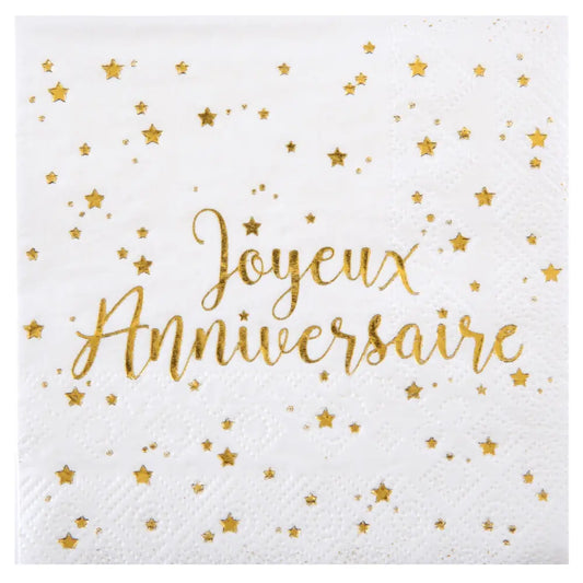 20 Serviettes en Papier 25cm - Joyeux Anniversaire Métal Or
