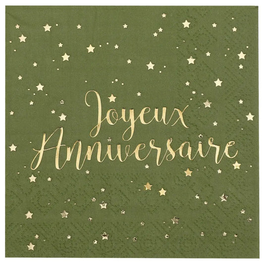 20 Serviettes en Papier 25cm - Joyeux Anniversaire Métal Sauge