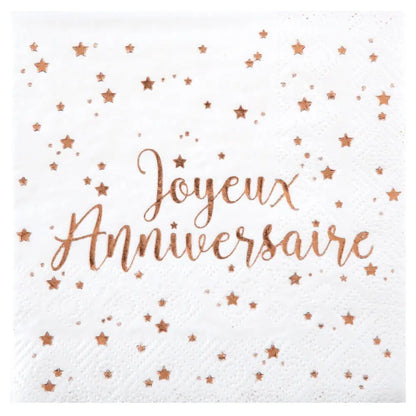 20 Serviettes en Papier 25cm -  Joyeux Anniversaire Métal Rose Gold