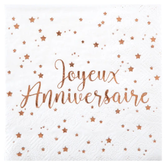 20 Serviettes en Papier 25cm -  Joyeux Anniversaire Métal Rose Gold