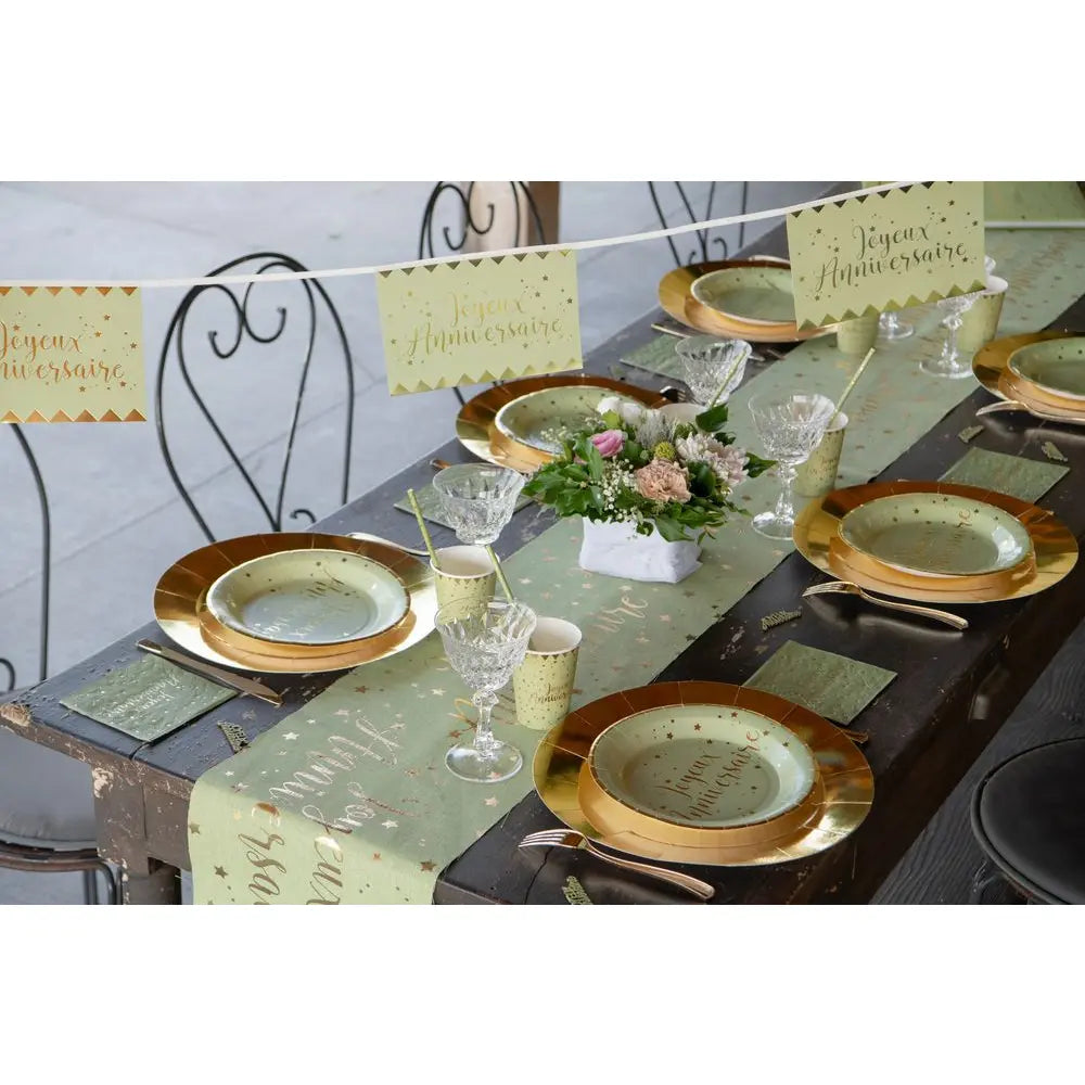 Chemin de table - Joyeux Anniversaire Métal Sauge