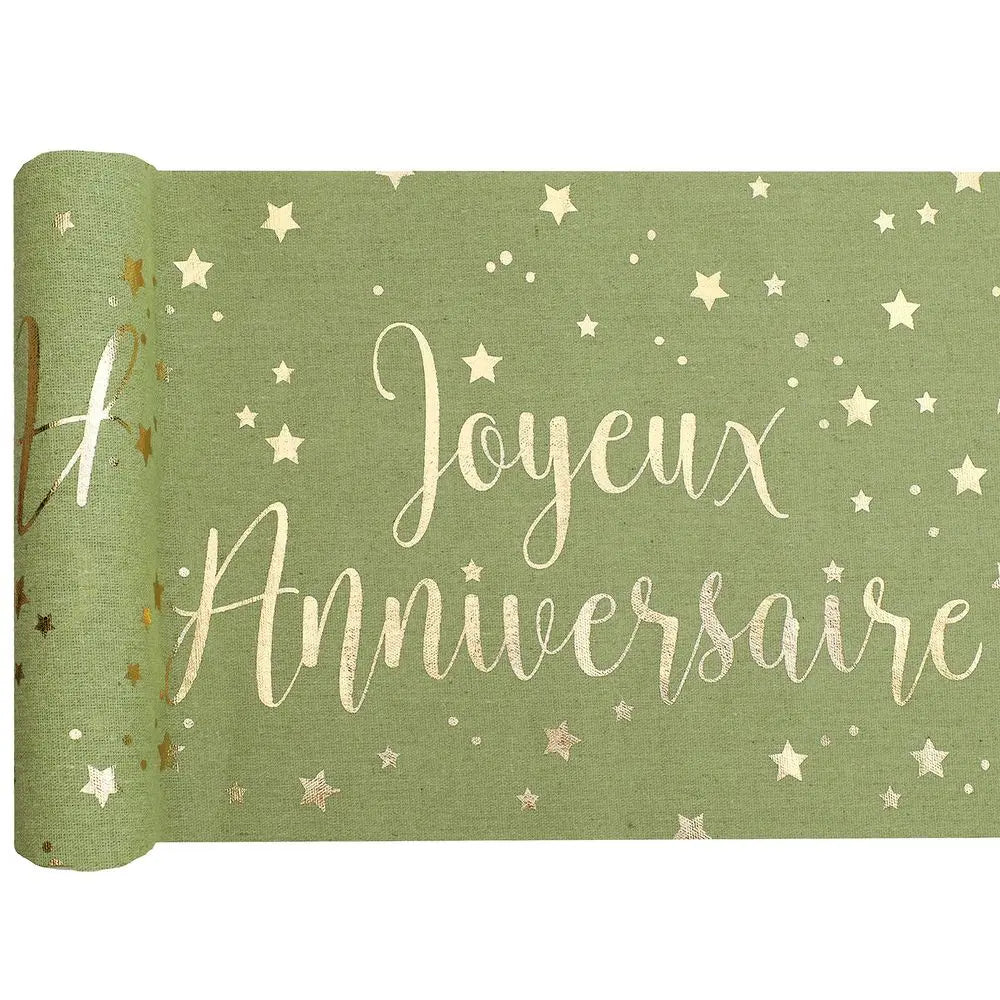 Chemin de table - Joyeux Anniversaire Métal Sauge