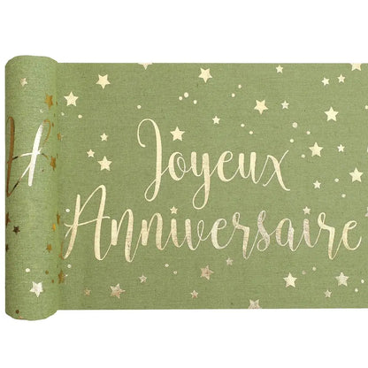 Chemin de table - Joyeux Anniversaire Métal Sauge