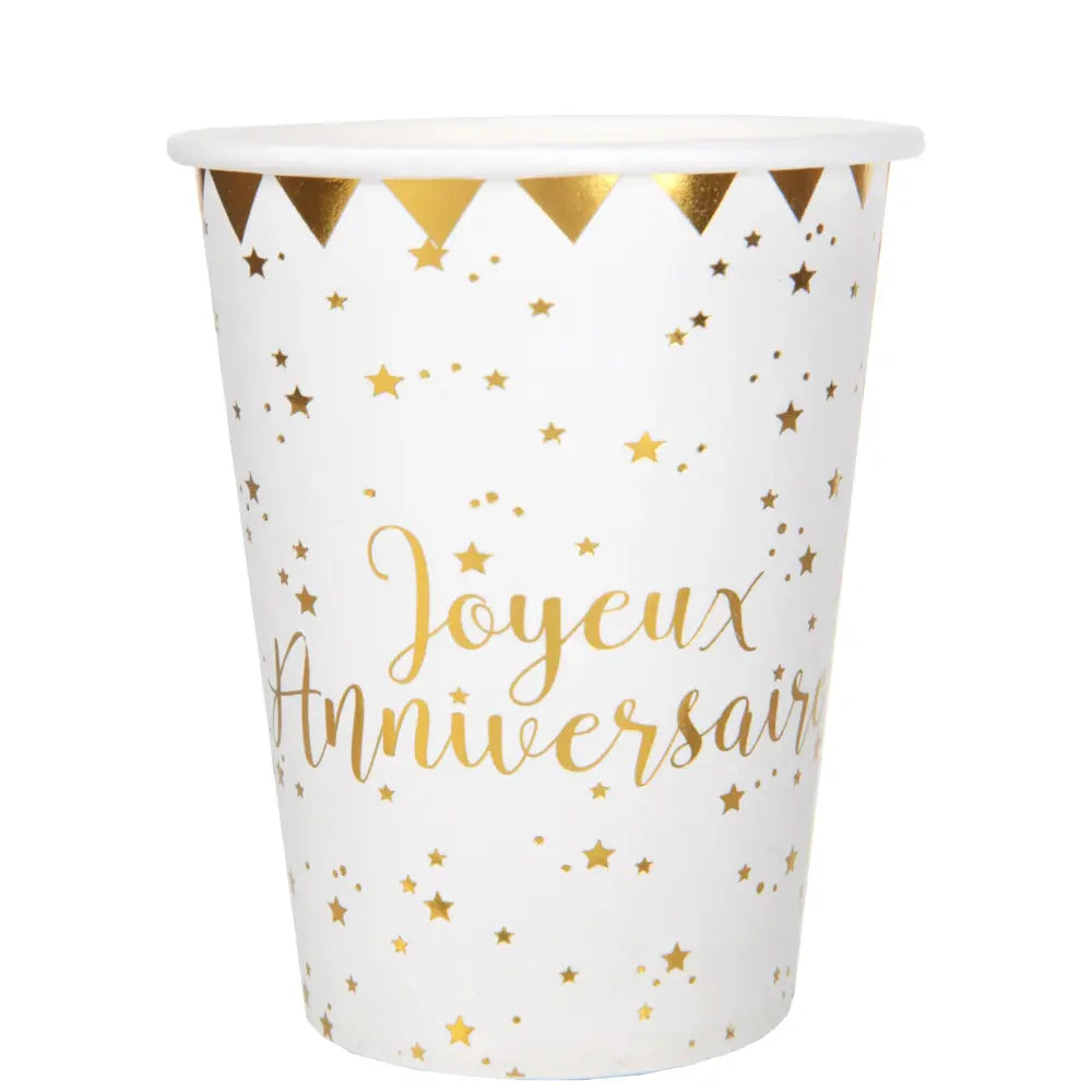 10 Gobelets en Carton 27cl - Joyeux Anniversaire Métal Or