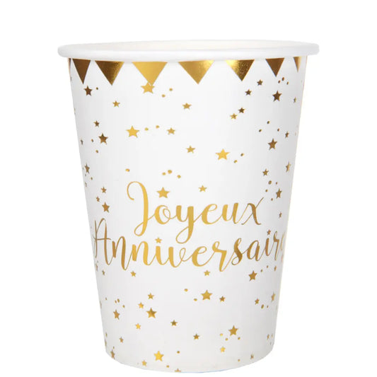 10 Gobelets en Carton 27cl - Joyeux Anniversaire Métal Or
