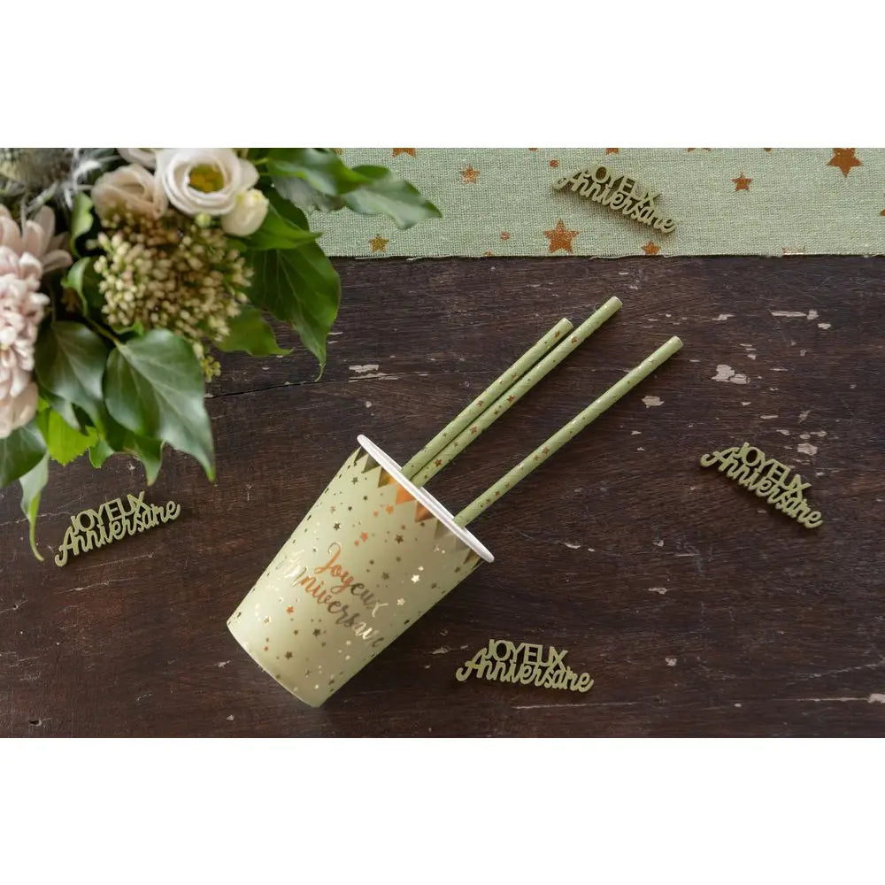 10 Gobelets en Carton 27cl - Joyeux Anniversaire Métal Sauge