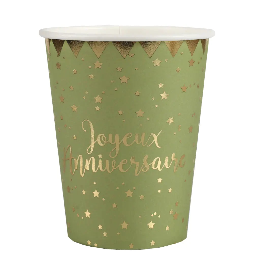 10 Gobelets en Carton 27cl - Joyeux Anniversaire Métal Sauge