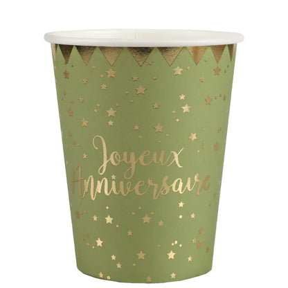 10 Gobelets en Carton 27cl - Joyeux Anniversaire Métal Sauge