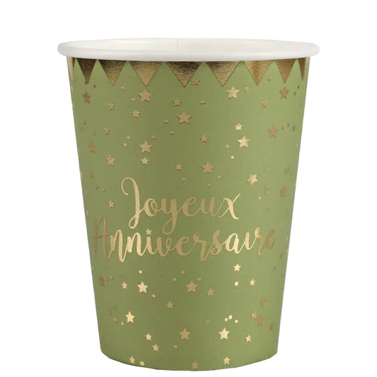 10 Gobelets en Carton 27cl - Joyeux Anniversaire Métal Sauge