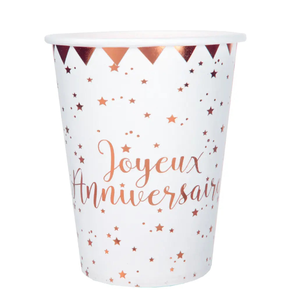 10 Gobelets en Carton 27cl - Joyeux Anniversaire Métal Rose Gold