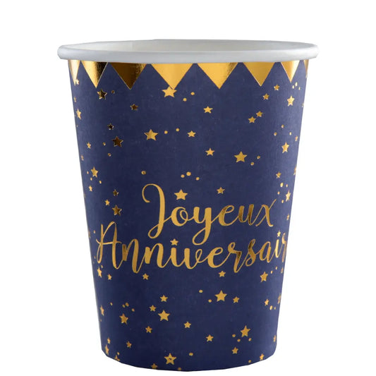 10 Gobelets en Carton 27cl - Joyeux Anniversaire Bleu