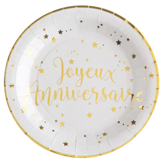 10 Assiettes en Carton D22.5cm - Joyeux Anniversaire Blanc