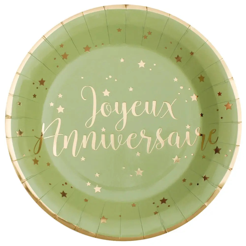10 Assiettes en Carton D22.5cm - Joyeux Anniversaire Métal Sauge