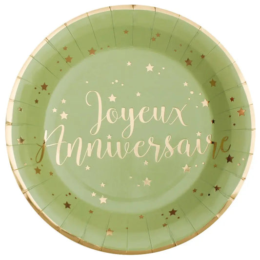 10 Assiettes en Carton D22.5cm - Joyeux Anniversaire Métal Sauge
