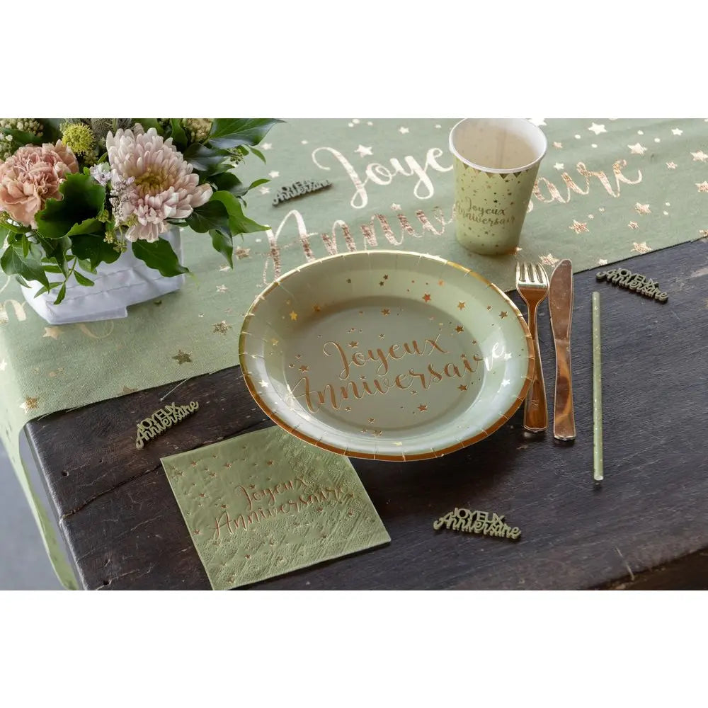 10 Assiettes en Carton D22.5cm - Joyeux Anniversaire Métal Sauge