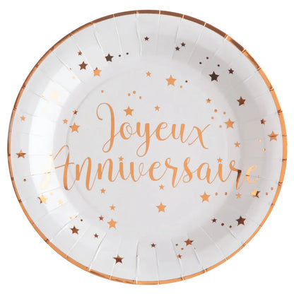 10 Assiettes en Carton D22.5cm - Joyeux Anniversaire Métal Rose Gold