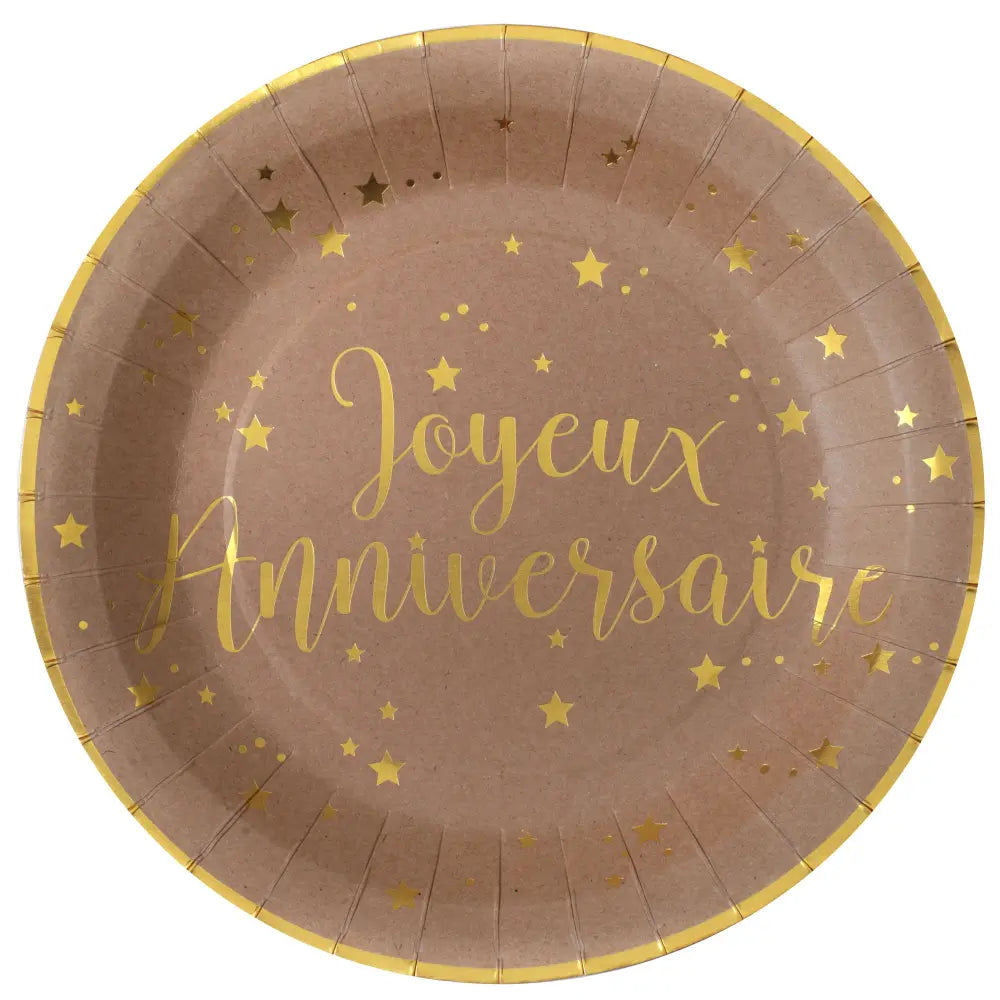 10 Assiettes en Carton D22.5cm - Joyeux Anniversaire Métal Kraft