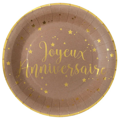 10 Assiettes en Carton D22.5cm - Joyeux Anniversaire Métal Kraft