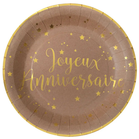 10 Assiettes en Carton D22.5cm - Joyeux Anniversaire Métal Kraft