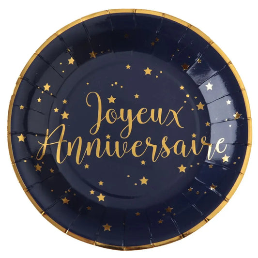 10 Assiettes en Carton D22.5cm - Joyeux Anniversaire Bleu