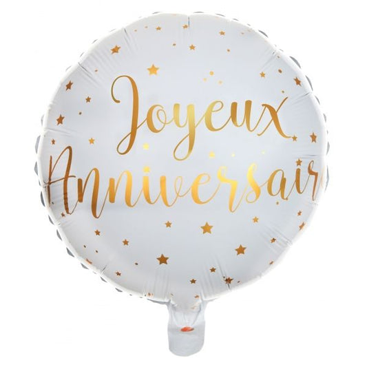 Ballon Alu 45cm - Joyeux Anniversaire Or & Blanc