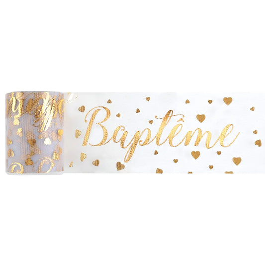 Ruban tulle Baptême Or 80 mm / 10 m - Sachet d'1 pièce