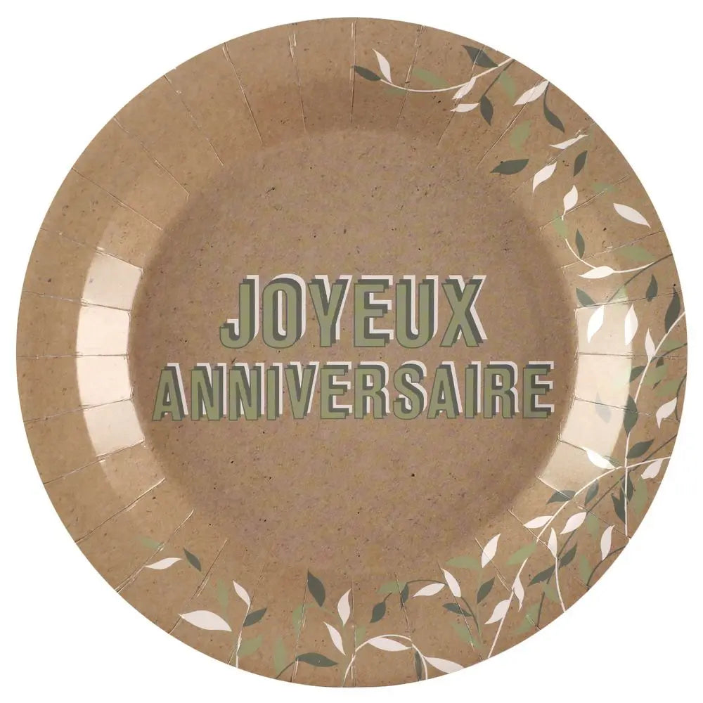 10 Assiettes en Carton D22.5cm - Joyeux Anniversaire ''Végétal''