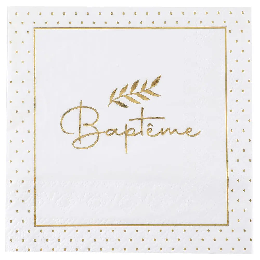 20 Serviettes en Papier 33cm - "Baptême" impression métallisée or