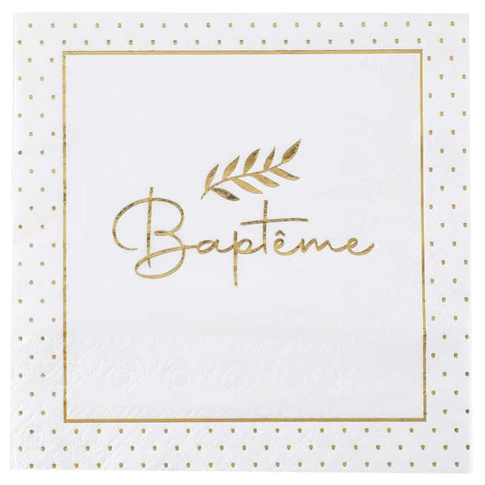 20 Serviettes en Papier 33cm - "Baptême" impression métallisée or