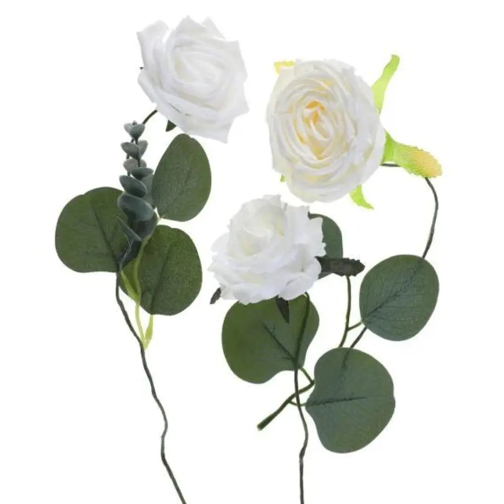 6 Roses Blanches sur Tige et Feuilles