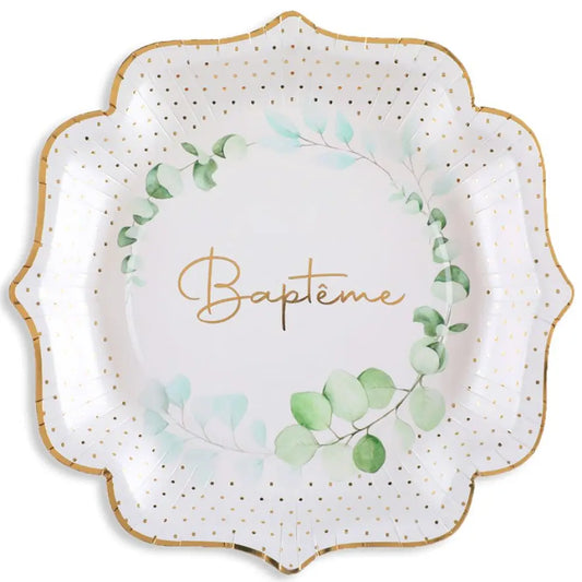 10 Assiettes en Carton D22.5cm - "Baptême" impression métallisée Or