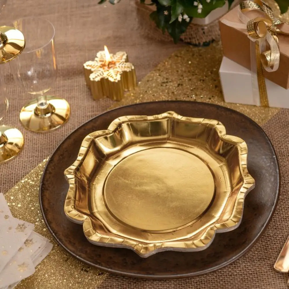 10 Assiettes "Festonné Brillante" Or - 21x21cm