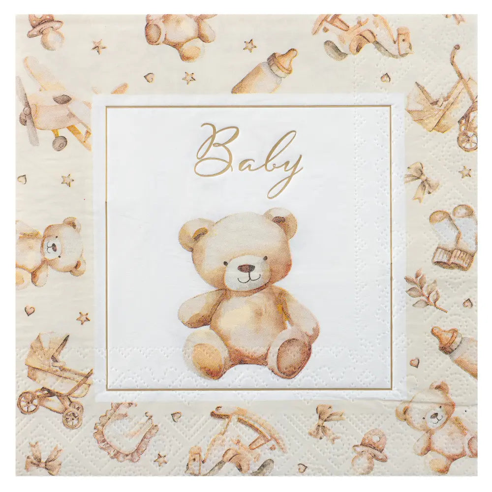 12 Serviettes en Papier 33x33cm - "Little Teddy" Ivoire 