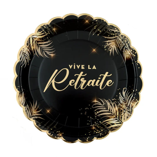 6 Assiettes en Carton 23cm - "Retraite Dorée" - Noir