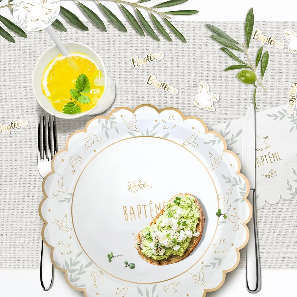 60 Décos à parsemer duo croix et "Baptême" métallisée or - 4x1,5 et 2,7x4 cm