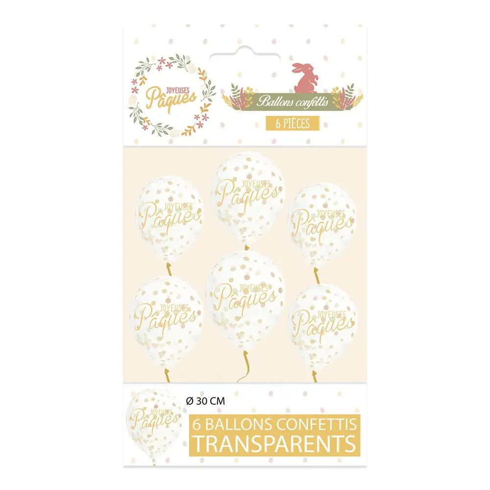 6 Ballons Confettis 30 cm - Transparent "Joyeuses Pâques"