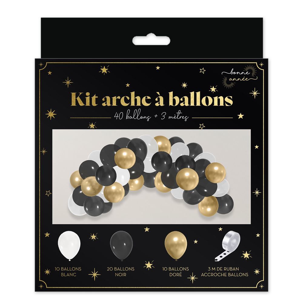 Kit Arche Ballons Noir/Or/Blanc