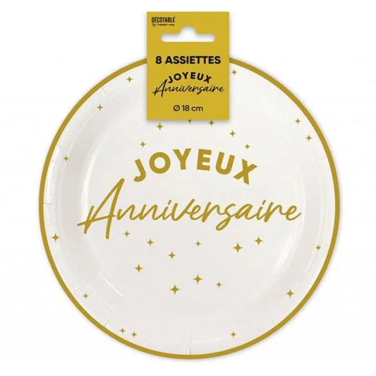 8 Assiettes en Carton "Anniversaire Doré" - 18 cm