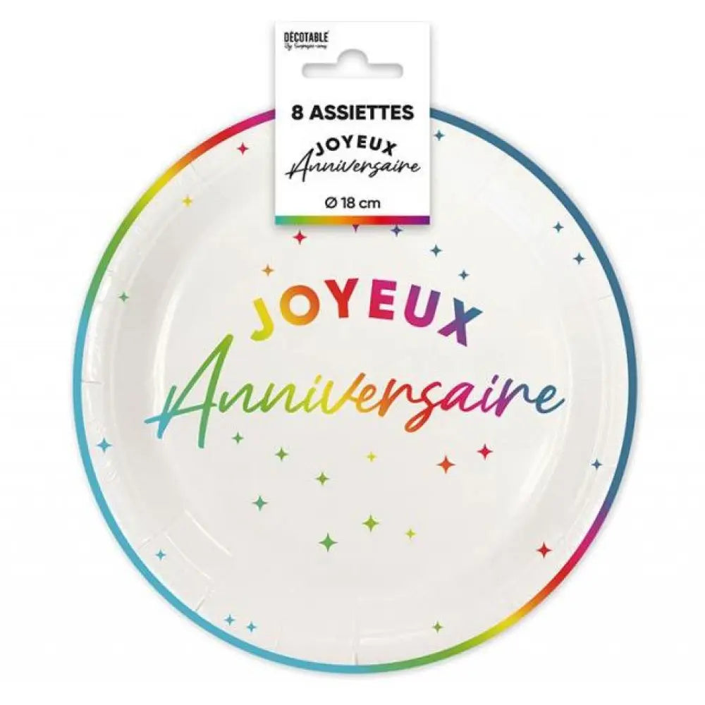 8 Assiettes en Carton "Joyeux Anniversaire" Multicolore - 18cm