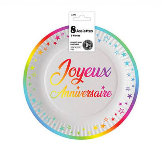 Assiettes x 8 anniversaire 18 cm multicolores