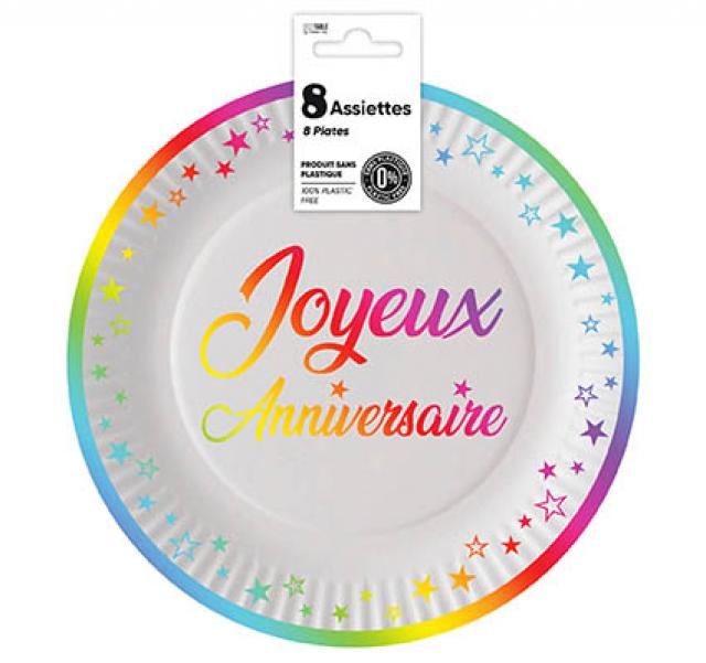 Assiettes x 8 anniversaire 23 cm multicolores