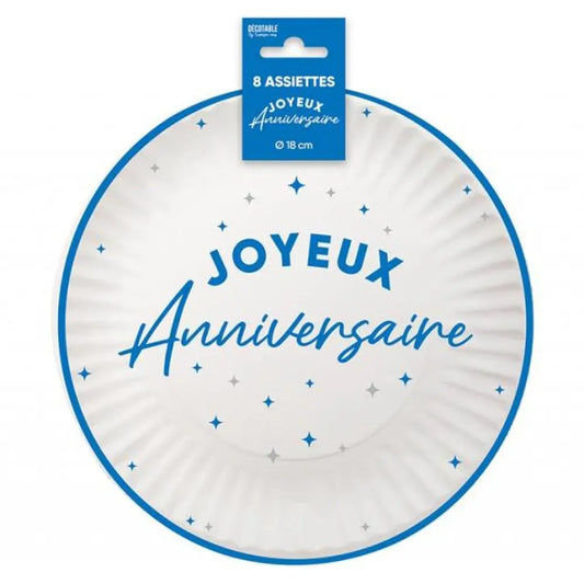 8 Assiettes en Carton "Anniversaire Bleu" - 18 cm