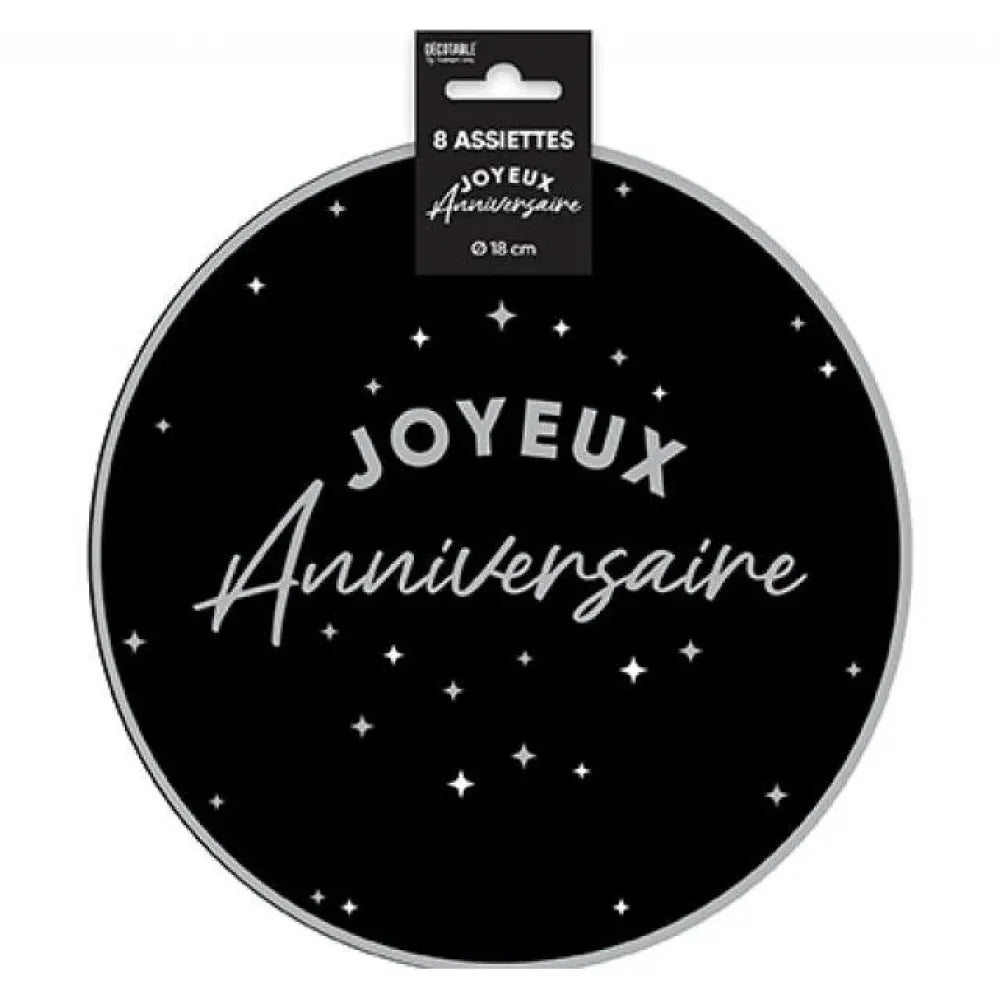 8 Assiettes en Carton "Anniversaire Noir/Blanc" - 18 cm