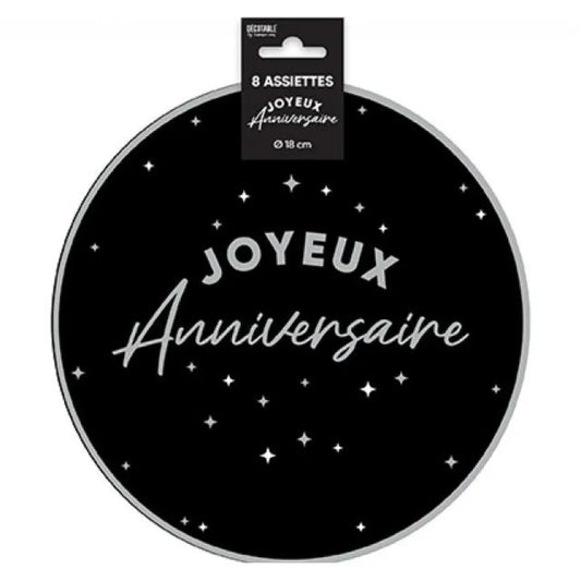 8 Assiettes en Carton "Anniversaire Noir/Blanc" - 18 cm