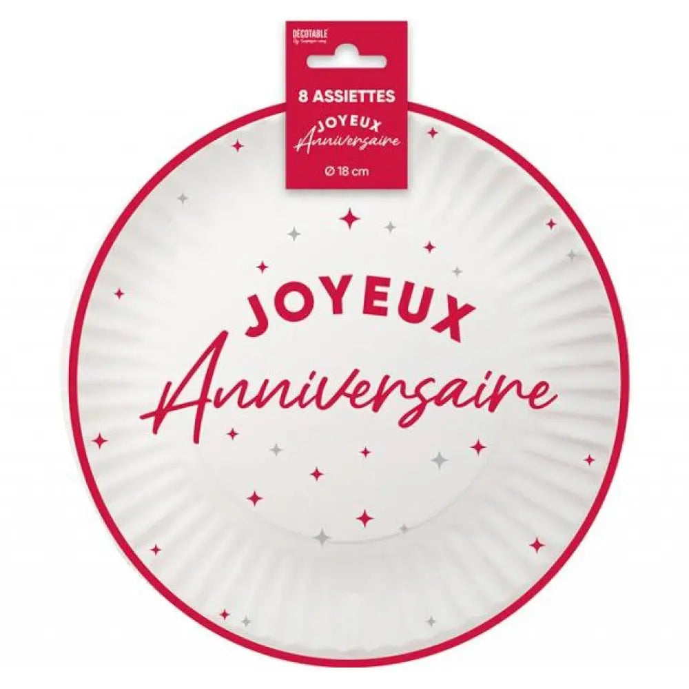 8 Assiettes en Carton "Anniversaire Rouge" - 18 cm