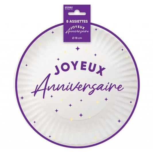 8 Assiettes en Carton "Anniversaire Violet" - 18 cm