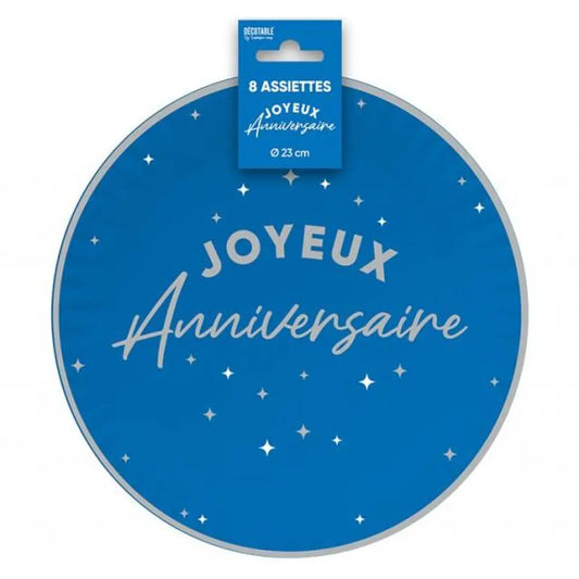 8 Assiettes en Carton "Anniversaire Bleu" - 23 cm